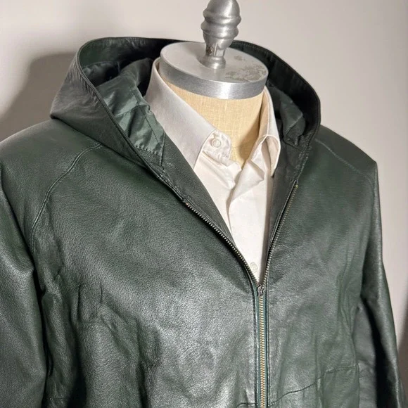 Venezia Taylor Men's Dark Green Leather Hooded Full Zip Long Jacket 1X